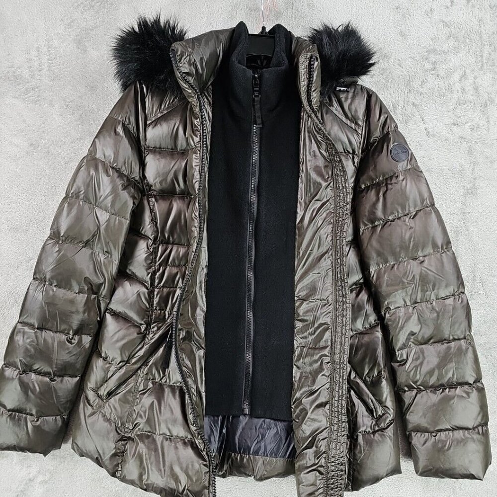 Calvin Klein Duck Down Puffer Jacket Womens Size M Brown Faux Fur Trim Hood - Picture 6 of 10